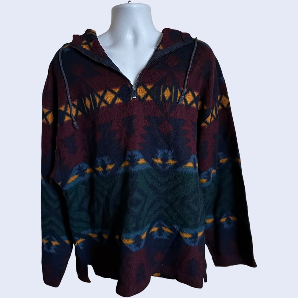 Pure Water L Southwestern Fleece Hoodie Blue Relaxed